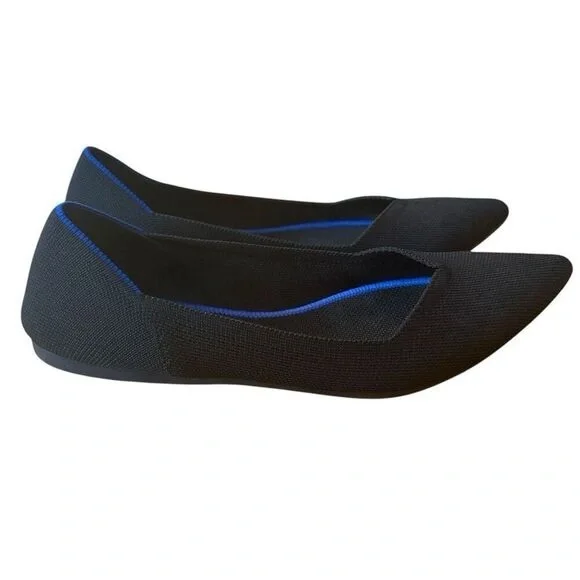 Rothy's Black Pointed Knit Flats with Blue Trim - Picture 4 of 6